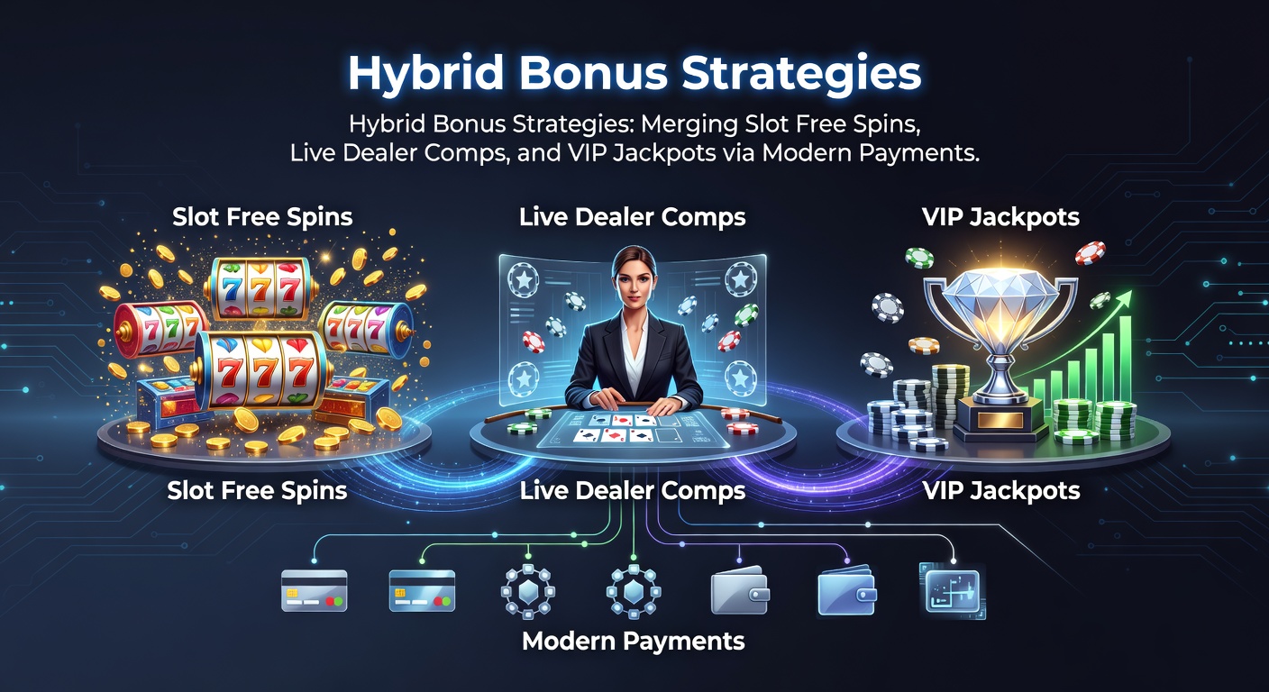 Grafische weergave van hybride bonusstructuren in online casinos, met overlappende elementen van slots, live dealers en VIP-jackpots verbonden door betaaliconen