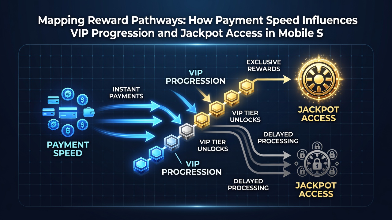 Infographic over jackpottoegang en VIP-progressie gekoppeld aan betalingssnelheid in mobiele gokkasten