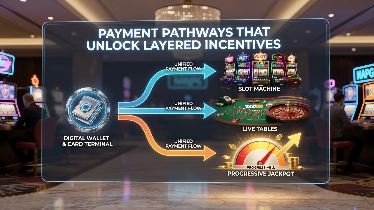 Diagram van hoe betalingsroutes jackpots en live incentives verbinden