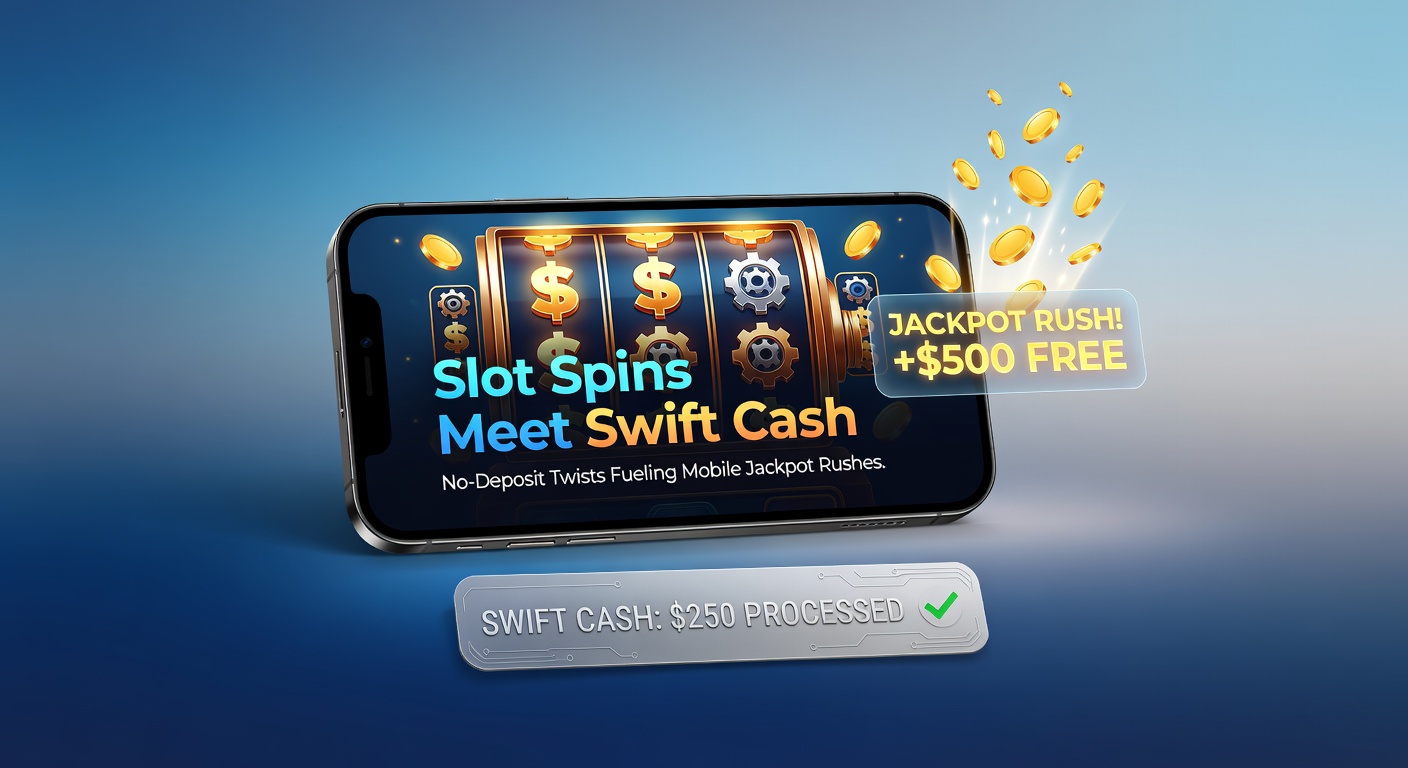 Smartphone met vallende jackpotmunten en no-deposit bonus icoon, illustrerend snelle uitbetalingen en mobiele spins