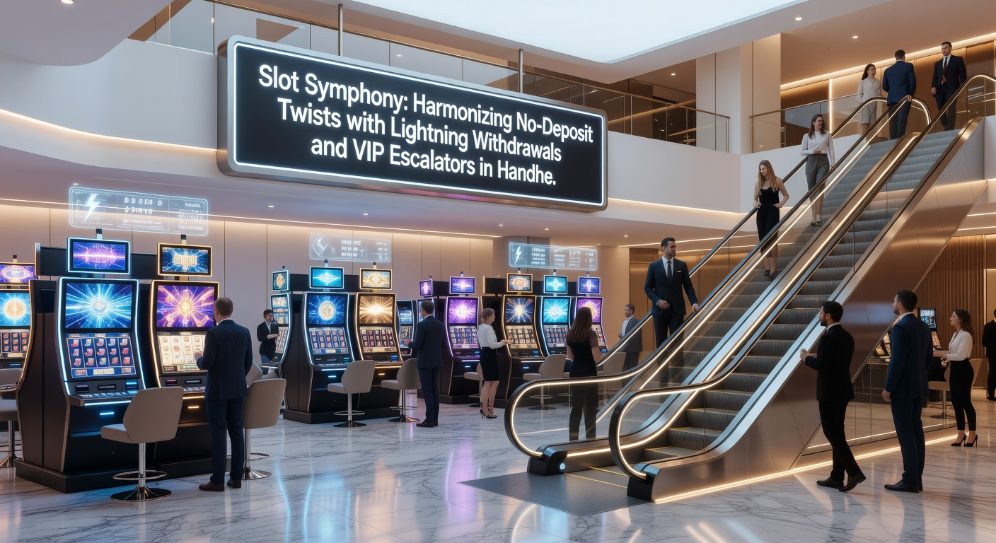 Dynamische visualisatie van een VIP-escalator op een mobiel casino-app, met no-deposit spins die omhoog schieten naar jackpot-niveaus en pijlen voor instant withdrawals